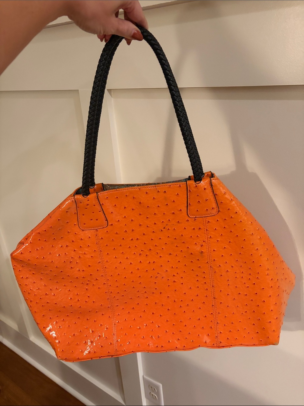 Big Buddha — Orange Ostrich-Texture Tote Bag with Black Braided Handles